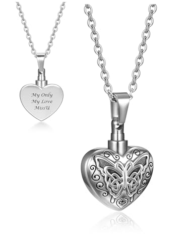 PiercingJak Personalisierter Memorial Urnen Anhänger Halskette Herz Schmetterling Befüllbar Kettenanhänger für Asche Haare Locket Kette Vintage Charms Gedenken Schmuck mit Trichterfüller Kit von PiercingJak