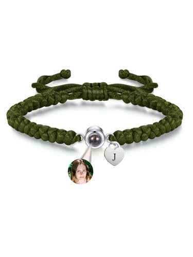 PiercingJak Projektion Armband Foto Partner Armbänder mit Bild im Stein Herz Charms Personalisiertes Fotoarmband Fernbeziehung Schmuck Personalisierte Geschenk für Freundin Mann Frauen, Oliv Grün von PiercingJak