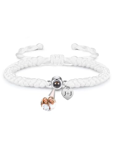 PiercingJak Projektion Armband Foto Partner Armbänder mit Bild im Stein Herz Charms Personalisiertes Fotoarmband Fernbeziehung Schmuck Personalisierte Geschenk für Freundin Paare Frauen, weiß von PiercingJak