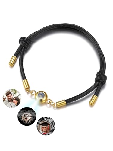 PiercingJak Projektion Armband mit Foto Bild im Stein Personalisiertes Lederarmband Herren Schwarz Armbänder Liebe Freundschaft Schmuck Beziehungs Geschenk für Partner Paare Freunde Familie von PiercingJak
