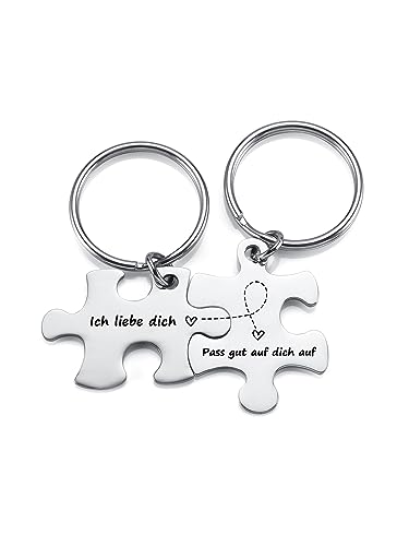 PiercingJak Puzzle Paar Schlüsselanhänger mit Gravur Ich Liebe Dich Pass Gut Auf Dich Auf, 2 Stücke Edelstahl Partner Liebe Freundschaft Schlüsselbund Beziehungs Reise Geschenk von PiercingJak