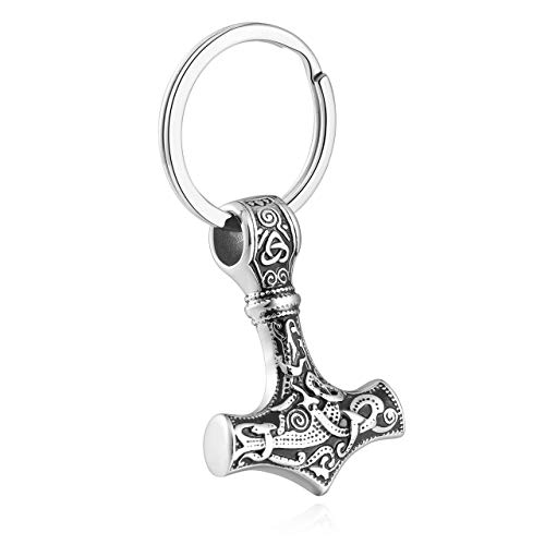 PiercingJak Schlüsselanhänger Wikinger Thor Hammer Anhänger Keltischer Knoten Thors Hammer Keychain für Herren Damen, Silber/Schwarz (Silber) von PiercingJak