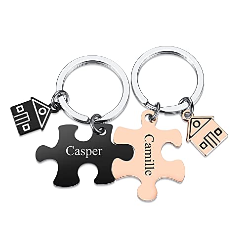 PiercingJak Paar Puzzle Schlüsselanhänger mit Gravur Yin Yang Puzzleteile Haus Anhänger Liebe Freundschaft Schmuck Personalierte Geschenke für Partner BFF Familie, Schwarz Rosegold Silber von PiercingJak