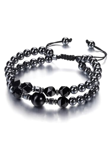 PiercingJak Schwarz Obsidian Hämatit Armband Heilsteine Perlen Armbänder doppelte Perlenarmband Herren Damen Glücksarmband Spiritueller Schmuck für Männer Frauen von PiercingJak