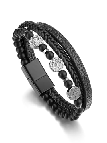 PiercingJak Lebensbaum Armband Herren Lederarmband Yggdrasil Welt Baum Charms geflochten Leder mit Achat Steine Perlen Armbänder Manschette Armreif Schwarz Heilsteine Schmuck für Männer Junge von PiercingJak