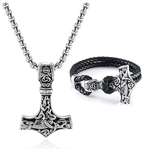 PiercingJak Herren Thors Hammer Halskette Wikinger Armband Set Edelstahl Mjölnir Anhänger geflochten Lederarmband Keltischer Knoten Nordische Schmuck Amulett Geschenke für Männer von PiercingJak