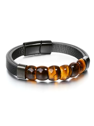 PiercingJak Tigerauge Armband Herren Lederarmband 10mm Breit geflochten Leder mit Heilsteine Mut Stein Armreif Mode Charm Schmuck Spirituelle Geschenke für Männer Junge, Schwarz von PiercingJak