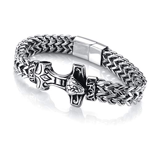 PiercingJak Wikinger Armband Herren Armkette mit Thors Hammer Mjölnir Anhänger 12mm Breit Edelstahl Cuban Link Armreif Magnet Kettenarmband Vintage Nordisch Keltischer Biker Schmuck für Männer, 22cm von PiercingJak