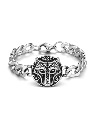 PiercingJak Wikinger Armband Herren Armkette mit Wolf Futhark Runen Muster 11mm Breit Edelstahl Panzerkette Männer Armreif Gliederarmband Nordisch Kelten Schmuck für Biker Motorradfahrer von PiercingJak