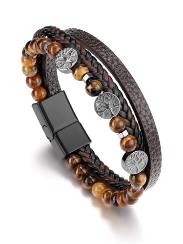 PiercingJak Herren Armband Braun Lederarmband mit Lebensbaum Tigerauge Steine Perlen Armbänder Charm Armreif Heilsteine Schmuck für Männer Junge von PiercingJak