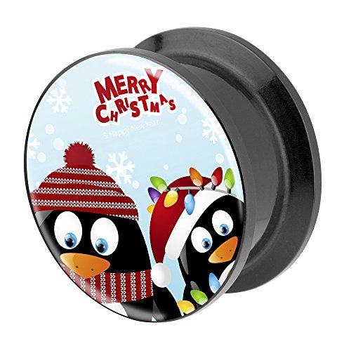 Piercingfaktor Ohr Plug Flesh Tunnel Piercing Ohrpiercing Kunststoff Schraub Schraubverschluß mit Picture Motiv Merry Christmas Pinguine 16mm von Piercingfaktor