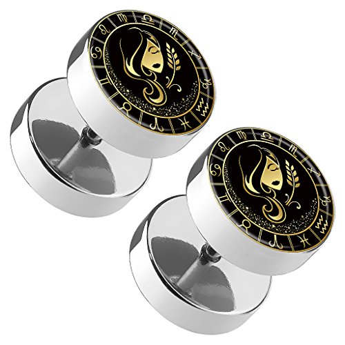 Piercingfaktor 1 Paar Fake Piercing Runde Ohrringe Ohrstecker Ohr Plug Flesh Tunnel mit Sternzeichen Motiv Tierkreiszeichen Jungfrau von Piercingfaktor