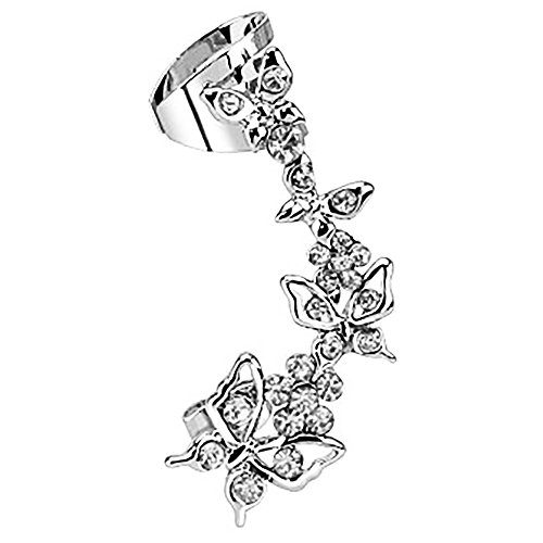 Piercingfaktor Damen Ohrstecker Ohrklemme Ear Cuff Schmetterling mit Strass Kristall Lang Ohrringe rechtes Ohr Silber Clear von Piercingfaktor