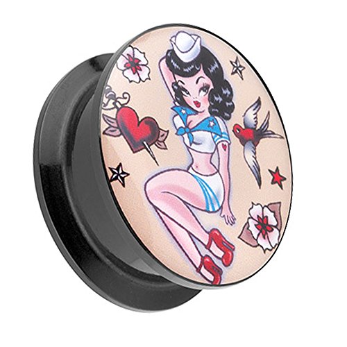 Piercingfaktor Ohr Plug Flesh Tunnel Piercing Ohrpiercing Kunststoff Schraub Schraubverschluß Picture mit Rockabilly Matrosen Mädchen Pin Up Sailor Motiv 18mm von Piercingfaktor