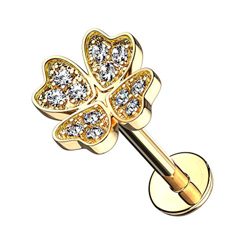 Piercingfaktor Piercing Stab mit Kristall Kleeblatt Lippe Ohr Labret Tragus Helix Knorpel Stecker Lippenpiercing Ohrpiercing Gold 8mm von Piercingfaktor