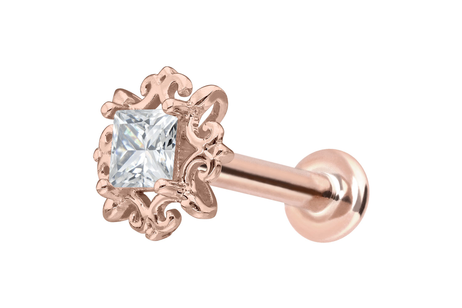 14 Karat Gold Labret mit Innengewinde MOISSANIT-QUADRAT + ORNAMENTE von Piercingline