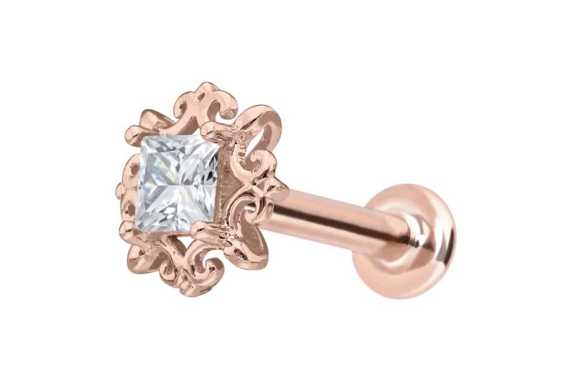 14 Karat Gold Labret mit Innengewinde MOISSANIT-QUADRAT + ORNAMENTE von Piercingline