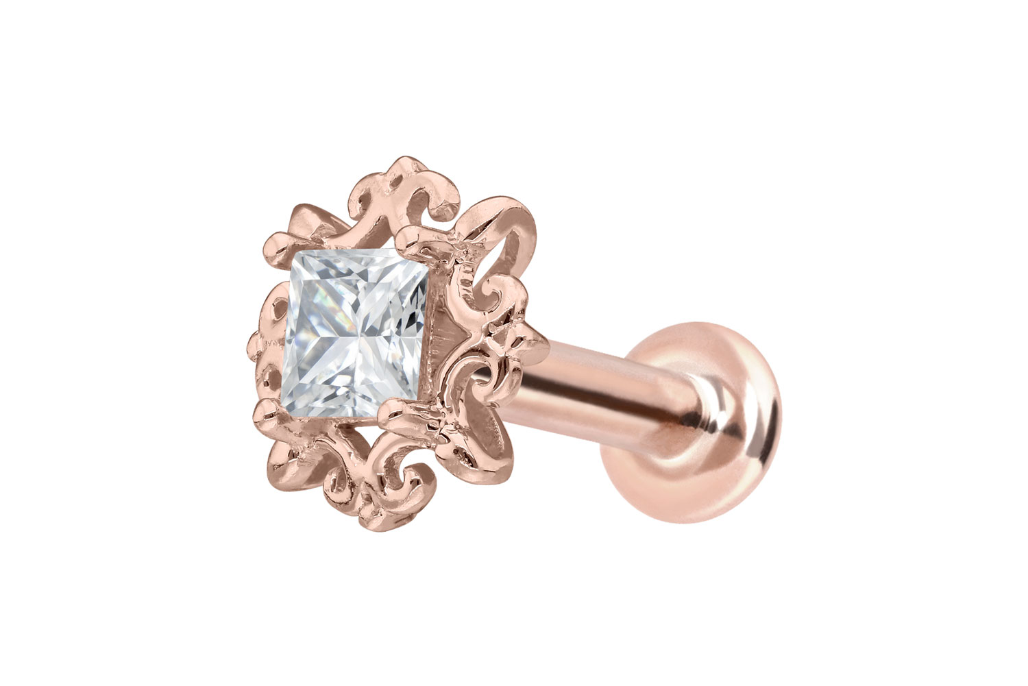 14 Karat Gold Labret mit Innengewinde MOISSANIT-QUADRAT + ORNAMENTE von Piercingline