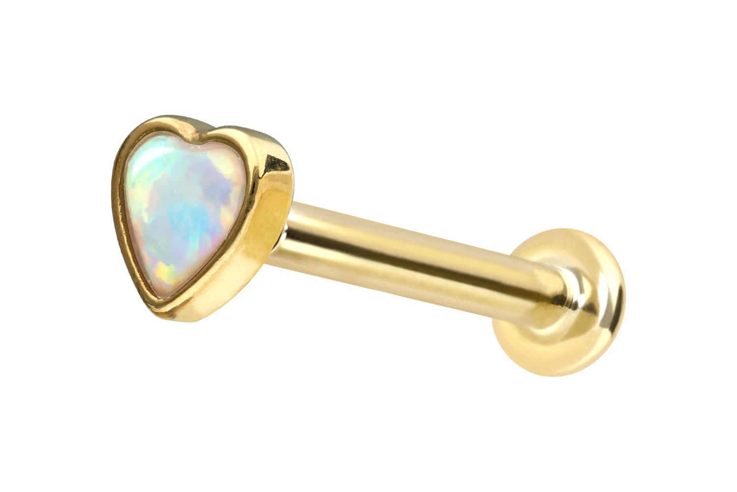 14 Karat Gold Labret mit Innengewinde SYNTHETISCHES OPAL-HERZ von Piercingline