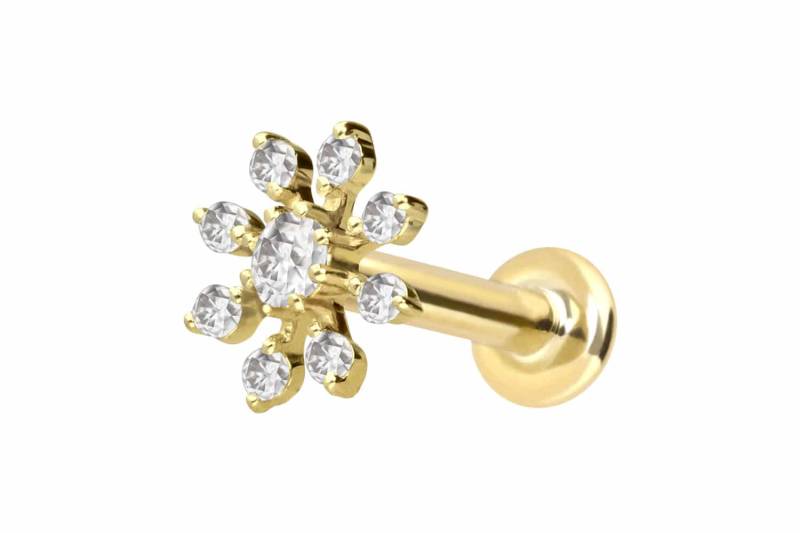 14 Karat Gold Labret mit Push Fit MOISSANIT-BLUME von Piercingline