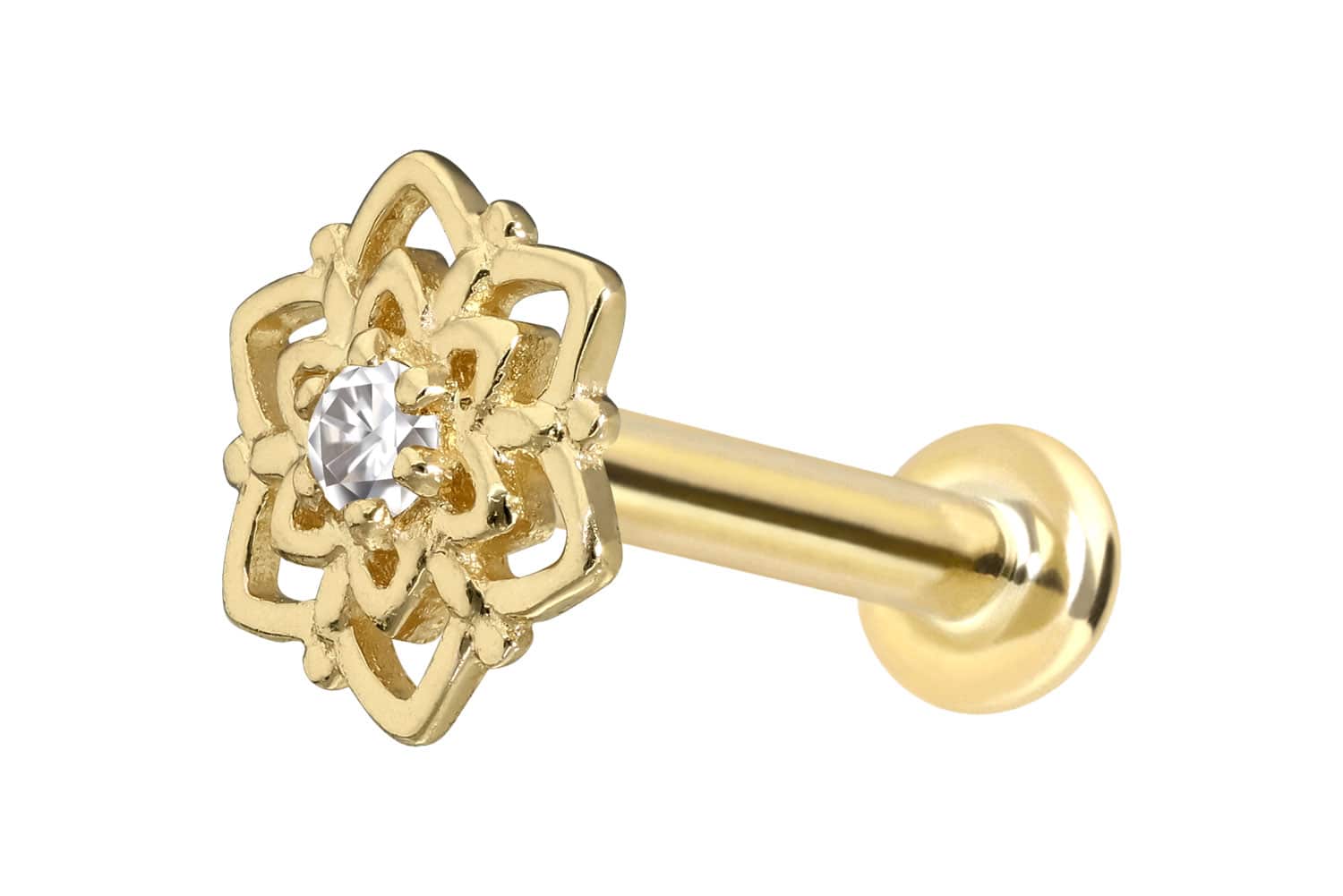 14 Karat Gold Labret mit Push Fit MOISSANIT-BLUME von Piercingline