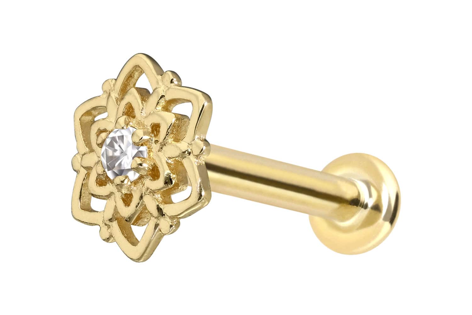 14 Karat Gold Labret mit Push Fit MOISSANIT-BLUME von Piercingline