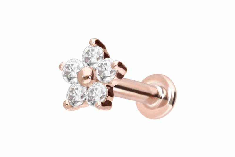 14 Karat Gold Labret mit Push Fit MOISSANIT-BLUME von Piercingline