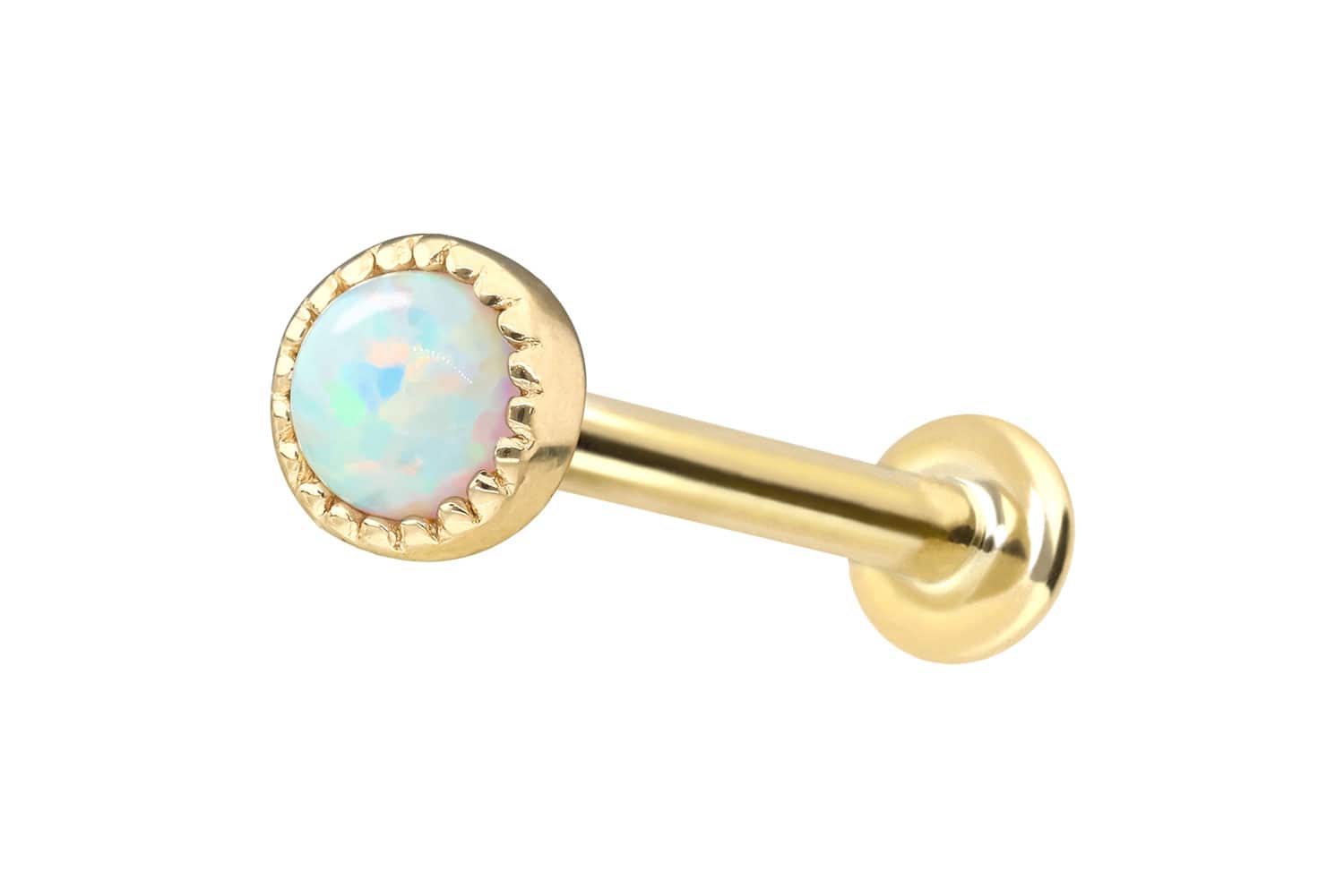 14 Karat Gold Labret mit Push Fit SYNTHETISCHER OPAL von Piercingline