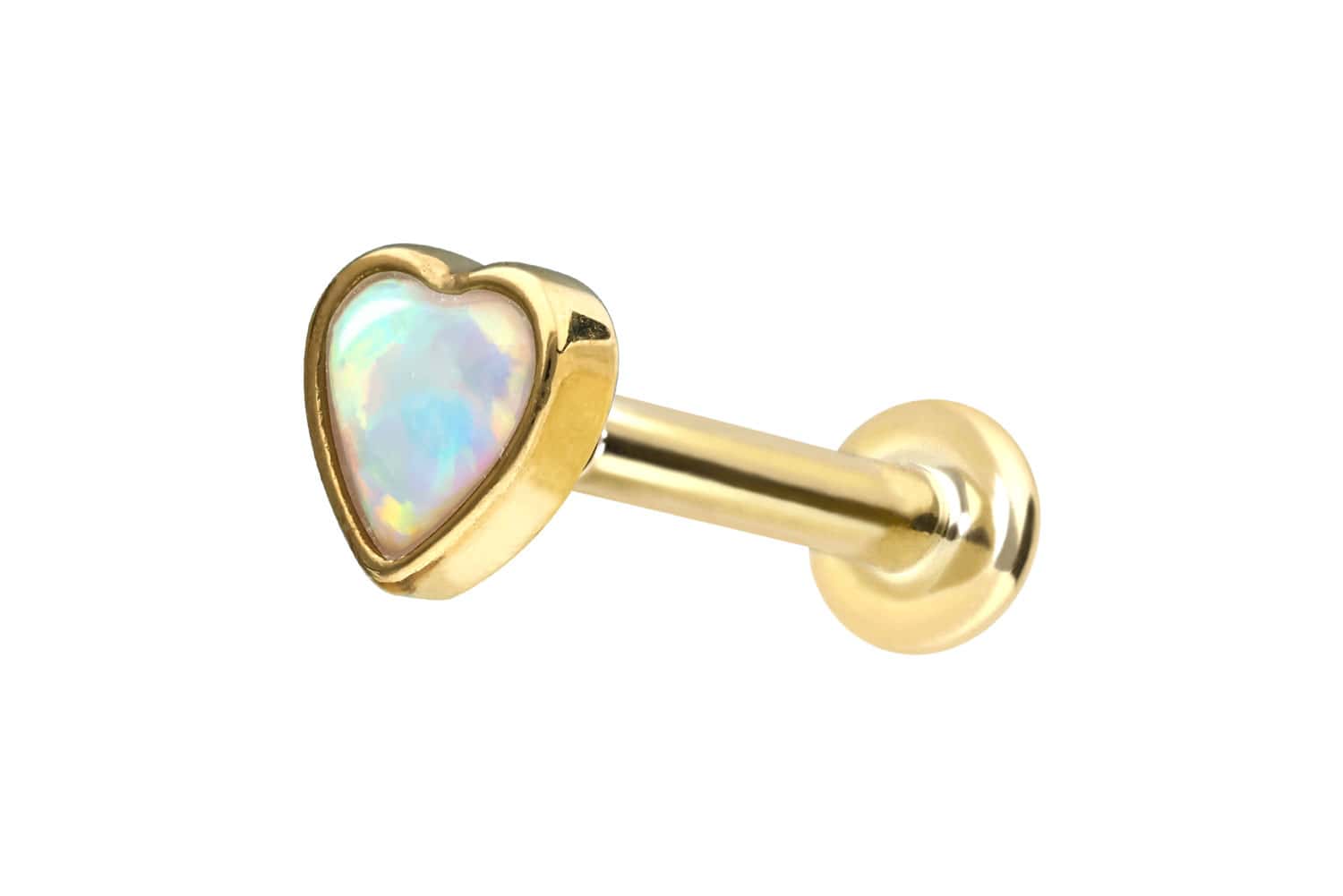 14 Karat Gold Labret mit Push Fit SYNTHETISCHES OPAL-HERZ von Piercingline