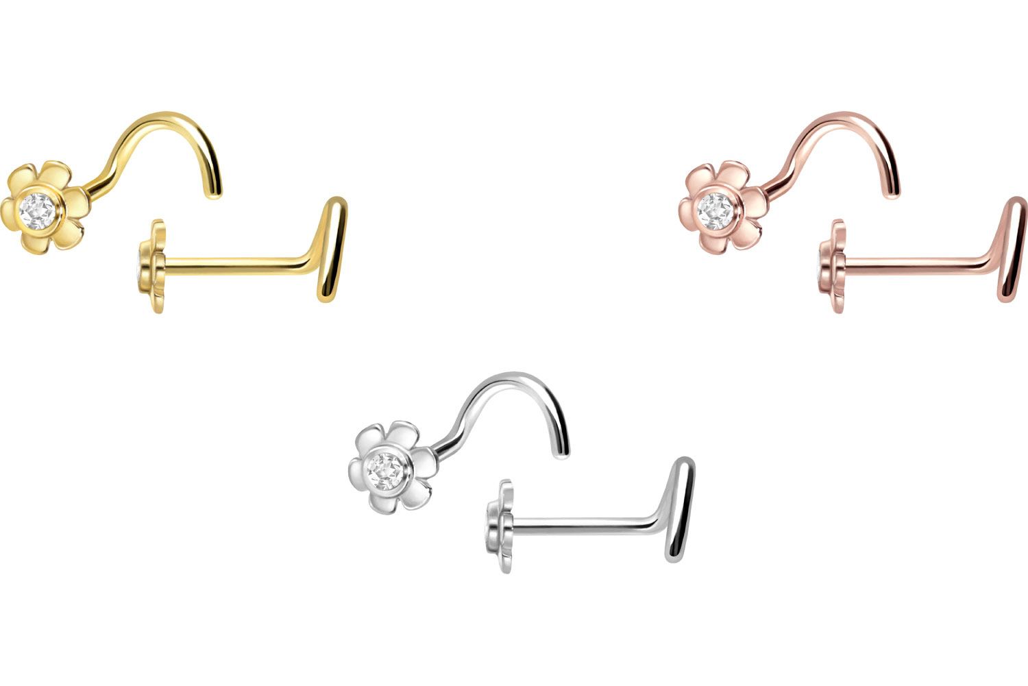 18 Karat Gold Nasenstecker Spirale BLUME + KRISTALL von Piercingline