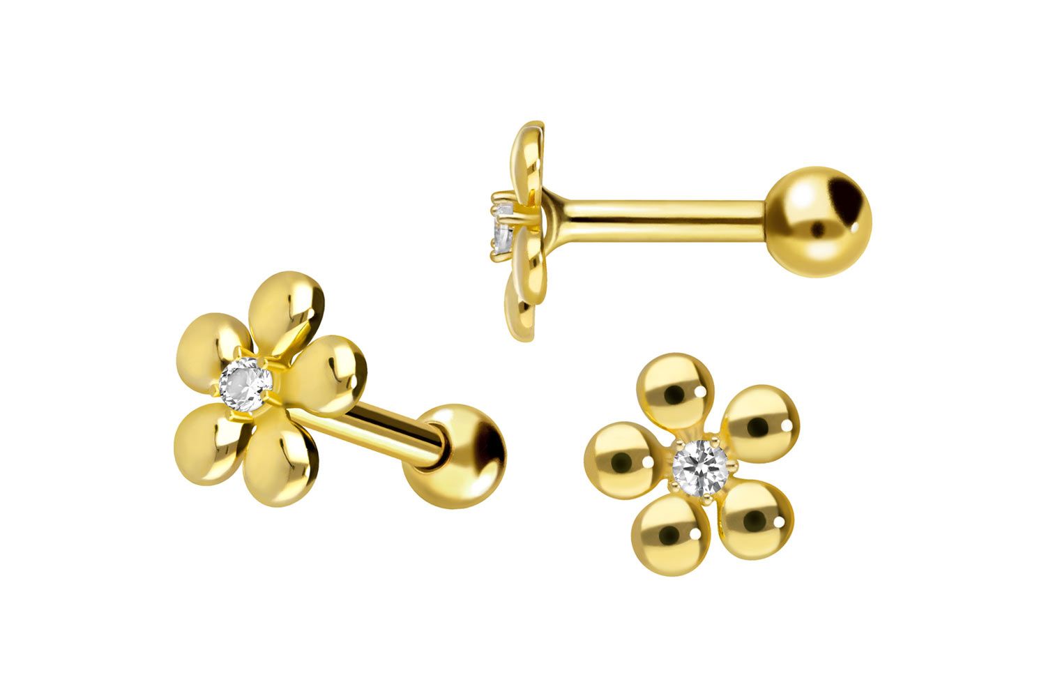 18 Karat Gold Ohrpiercing BLUME + KRISTALL von Piercingline