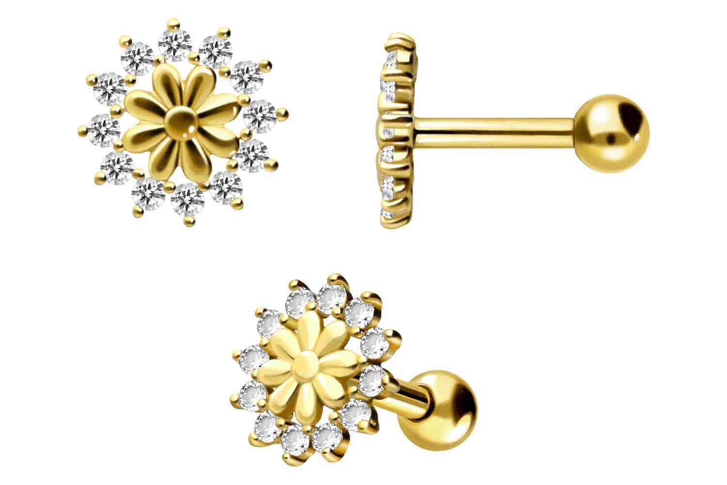 18 Karat Gold Ohrpiercing BLUME + KRISTALLE von Piercingline