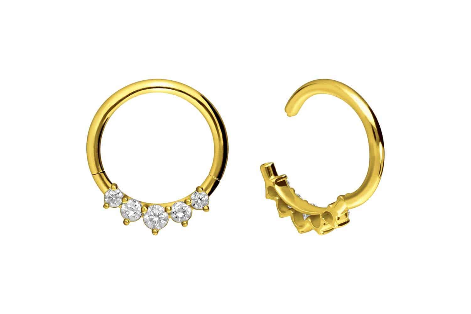 18 Karat Gold Segmentring Clicker 5 EINGEFASSTE KRISTALLE von Piercingline