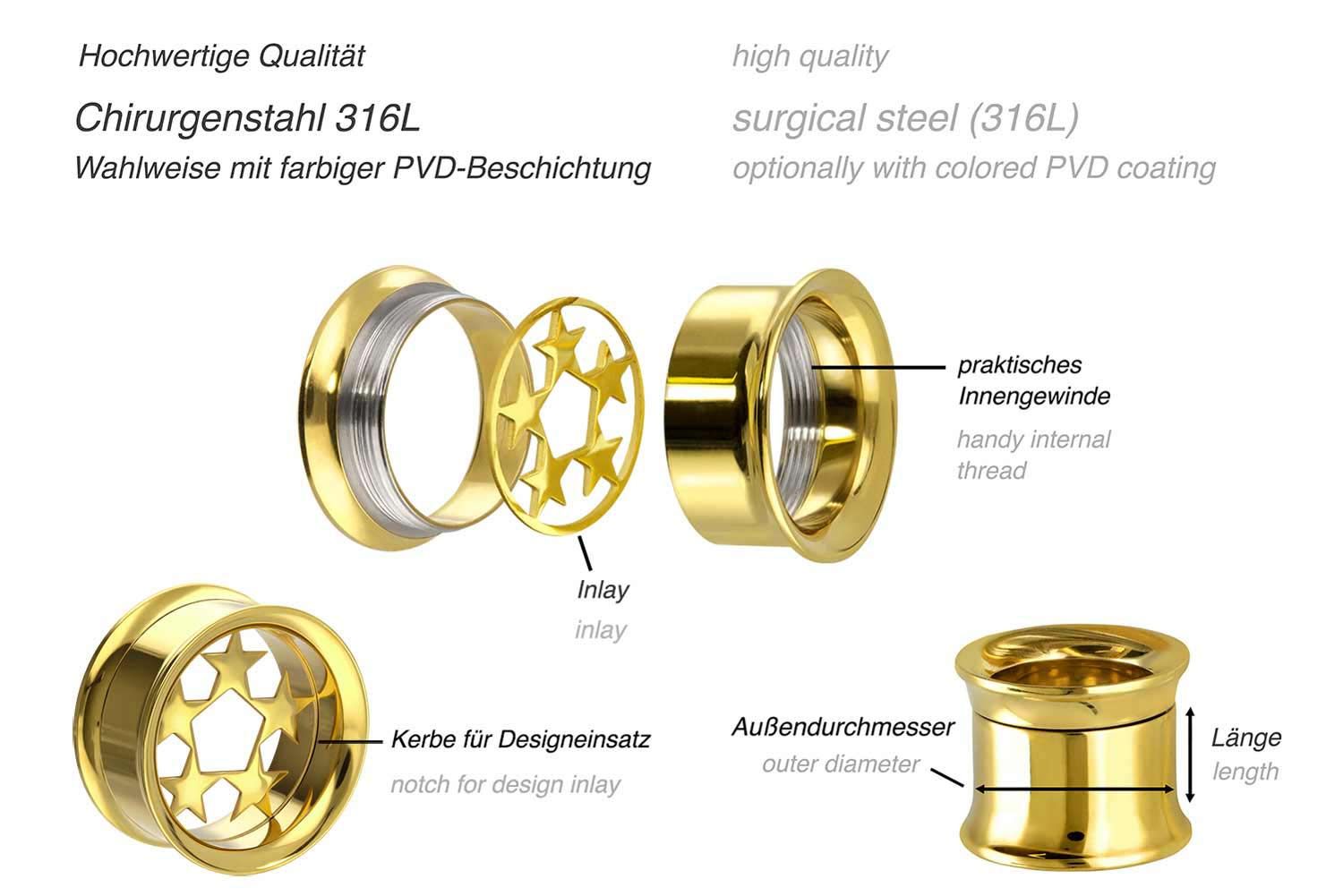 Chirurgenstahl BYO Double Flared Tunnel inkl. Einsatz 5 STERNE ++SALE++ von Piercingline