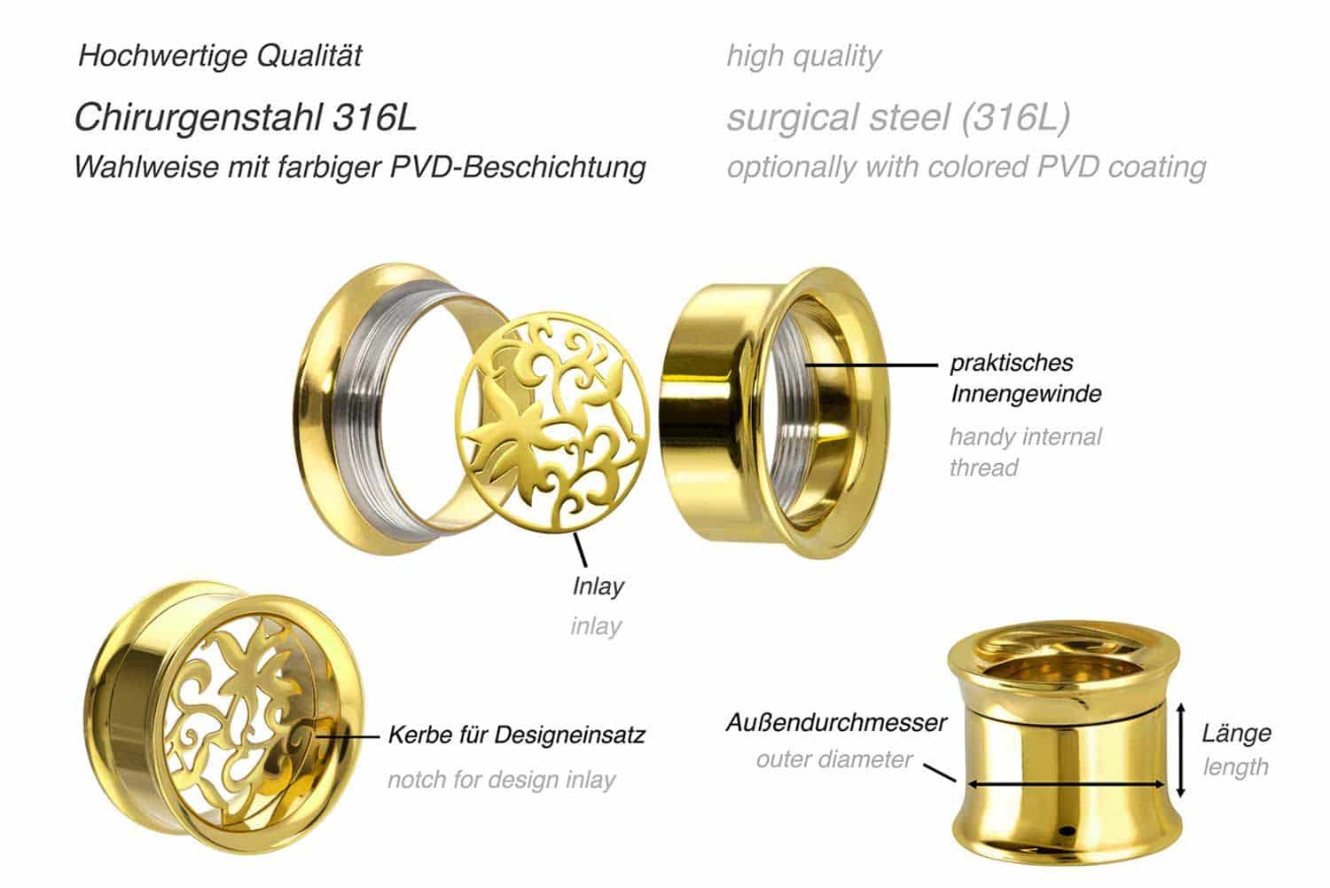 Chirurgenstahl BYO Double Flared Tunnel inkl. Einsatz BLÜTEN ++SALE++ von Piercingline