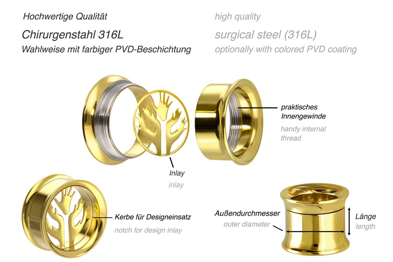 Chirurgenstahl BYO Double Flared Tunnel inkl. Einsatz LEBENSBAUM HÄNDE ++SALE++ von Piercingline