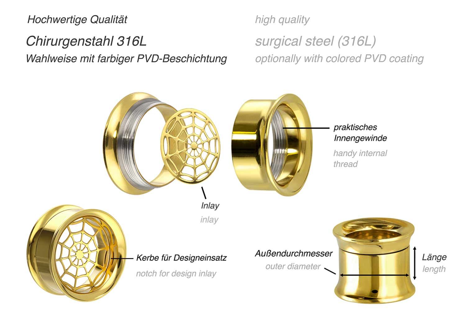 Chirurgenstahl BYO Double Flared Tunnel inkl. Einsatz SPINNENNETZ ++SALE++ von Piercingline