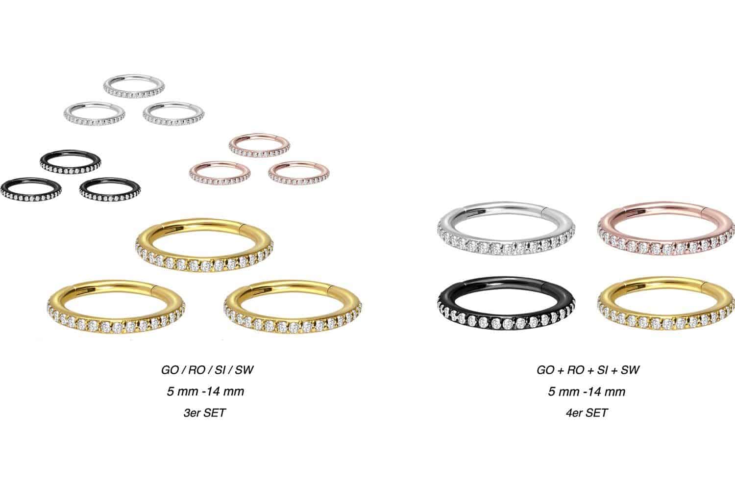 SET Chirurgenstahl Segmentring Clicker EINGEFASSTE KRISTALLE ++Neues Design++ von Piercingline