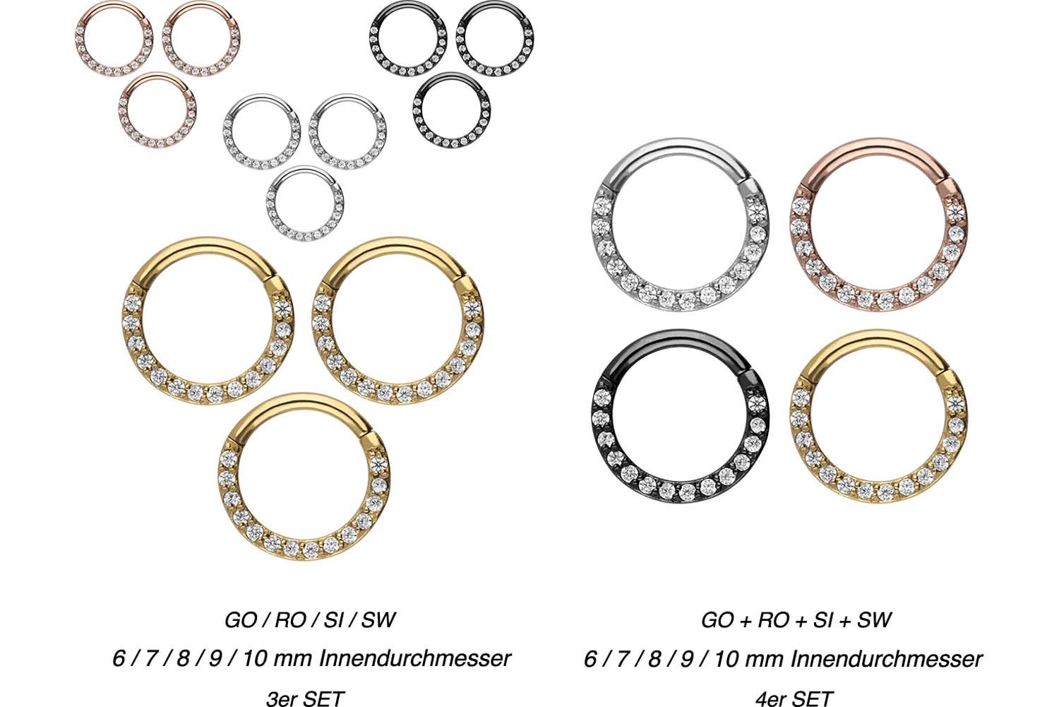 SET Chirurgenstahl Segmentring Clicker EINGEFASSTE KRISTALLE von Piercingline