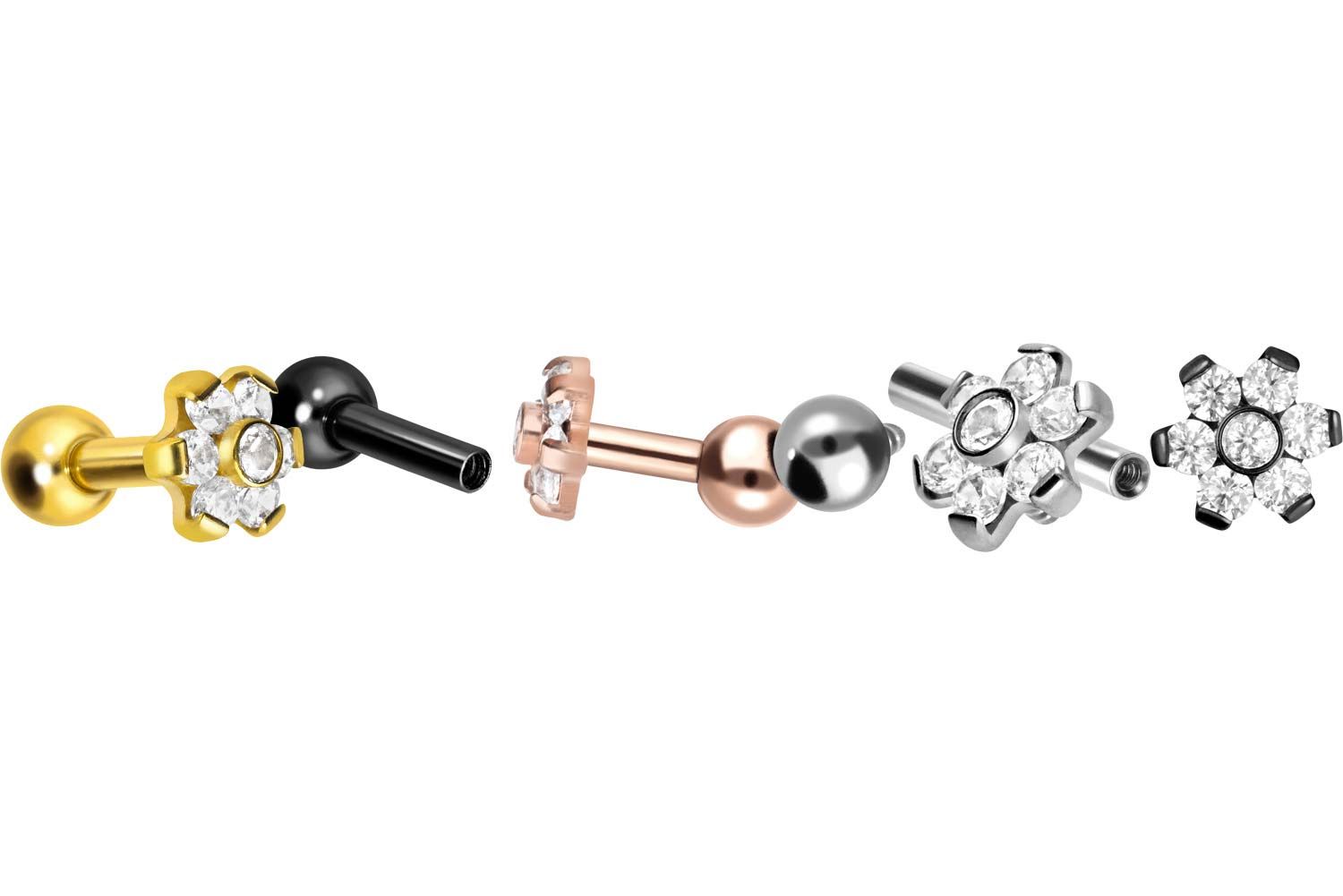 Titan Ohrpiercing mit Innengewinde BLUME MIT 7 KRISTALLEN von Piercingline