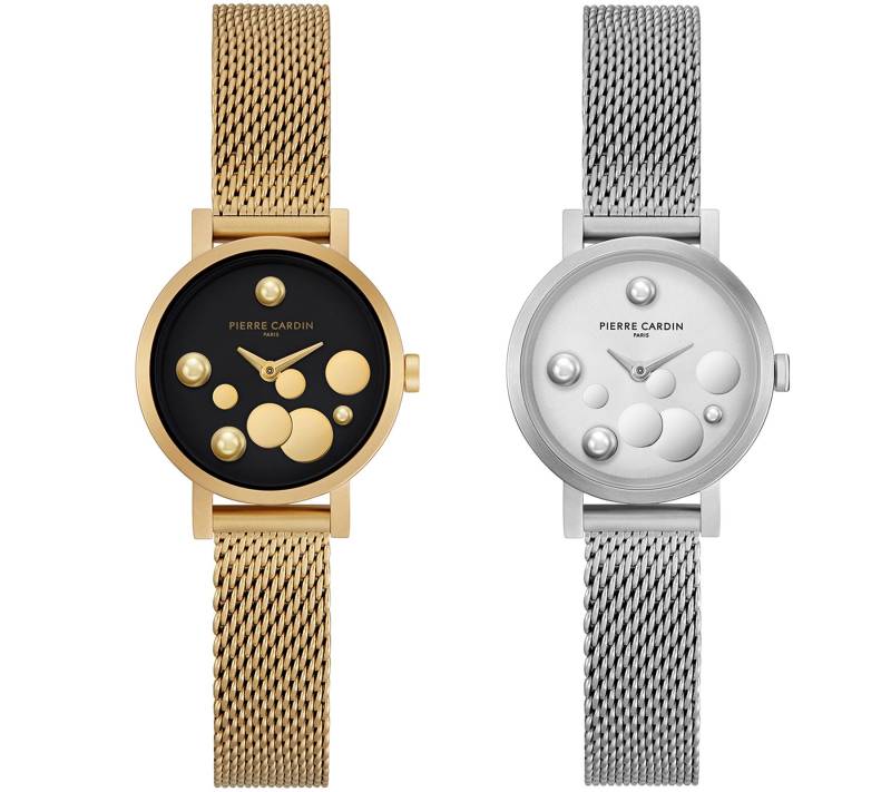 Pierre Cardin Damen Armband-Uhr Ziffernblatt mit silbernen Kreis-Details analoge Quarz-Uhr mit Edelstahl-Armband 3ATM 28mm CCM.050 Silber oder Gold von Pierre Cardin