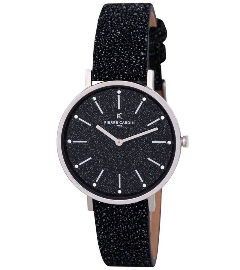 Pierre Cardin Damen Armband-Uhr mit Glitzer-Armband und Strasssteinen im Ziffernblatt analoge Quarz-Uhr mit Leder-Armband 3ATM 36mm CBV.1117 Schwarz/Silber von Pierre Cardin