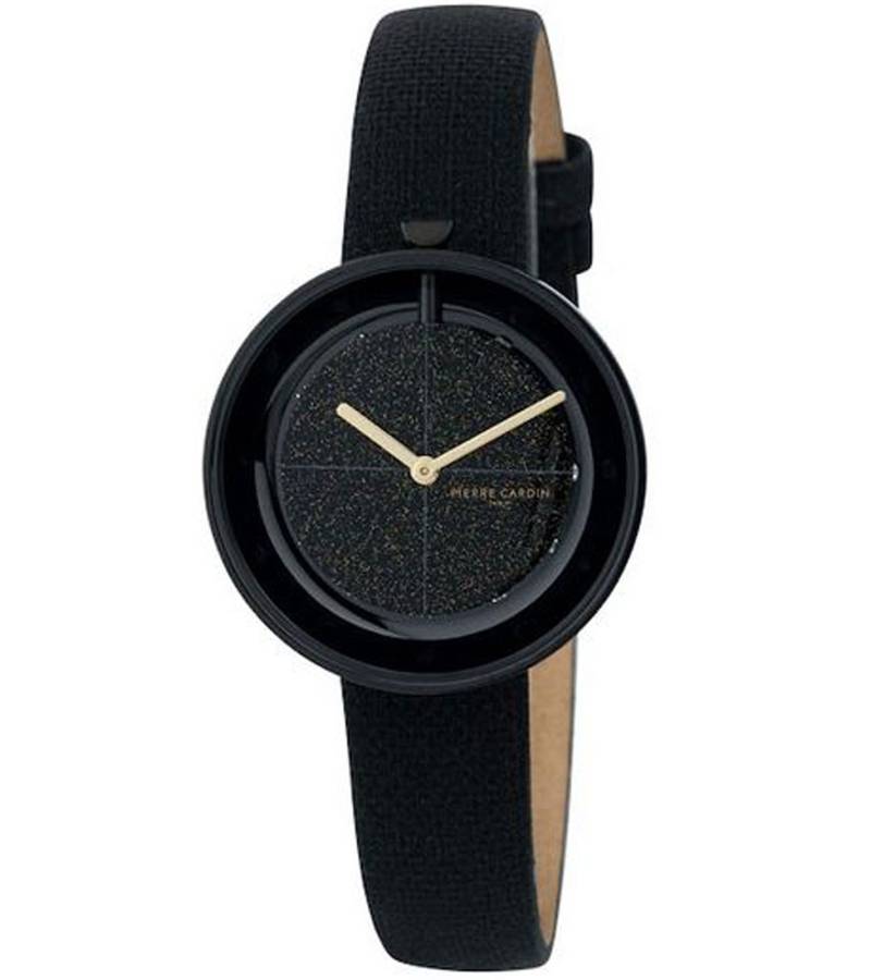 Pierre Cardin Damen Armband-Uhr mit Glitzer im Ziffernblatt analoge Quarz-Uhr mit Leder-Armband 3ATM 32mm CMA.0011 Schwarz/Gold von Pierre Cardin