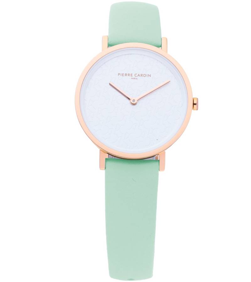 Pierre Cardin Damen Armband-Uhr mit Marken-Kürzel-Print analoge Quarz-Uhr mit Leder-Armband 3ATM 31mm CBV.1511 Pastell-Grün/Gold von Pierre Cardin