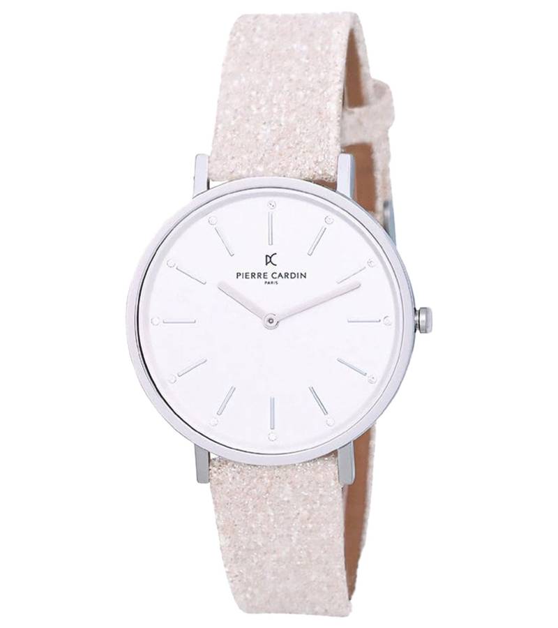 Pierre Cardin Damen Armband-Uhr schlichtes Ziffernblatt analoge Quarz-Uhr glitzerndes Leder-Armband 3ATM 36mm CBV.1115 Silber von Pierre Cardin