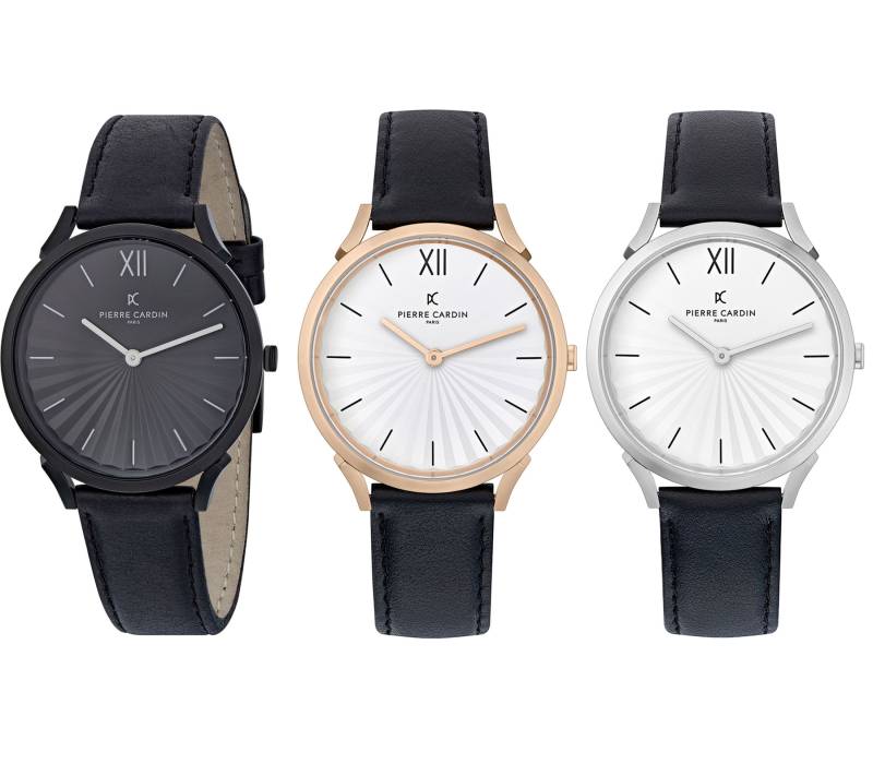 Pierre Cardin Damen Armband-Uhr schlichtes Ziffernblatt analoge Quarz-Uhr mit Leder-Armband 3ATM 40mm CPI.200 Schwarz, Schwarz/Gold oder Schwarz/Silber von Pierre Cardin