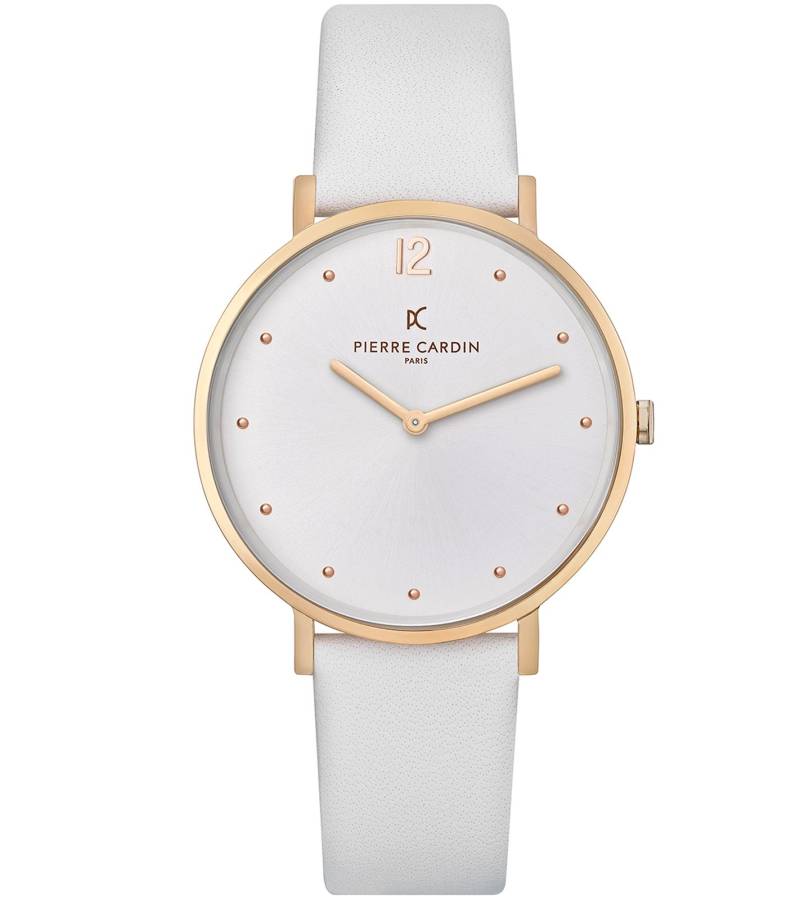 Pierre Cardin Damen schlichte Armband-Uhr analoge Quarz-Uhr mit Leder-Armband 3ATM 39mm CBV.1012 Weiß/Gold von Pierre Cardin
