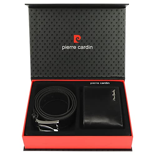 Pierre Cardin Gürtel und Geldbörse Herren Set - 100% Naturleder, Geschenk Box Für Mann, Elegante Box Set- 9 Kartenfächer, Silberne Detail, Schwarze Farbe, Riemenlänge 135 cm von Pierre Cardin