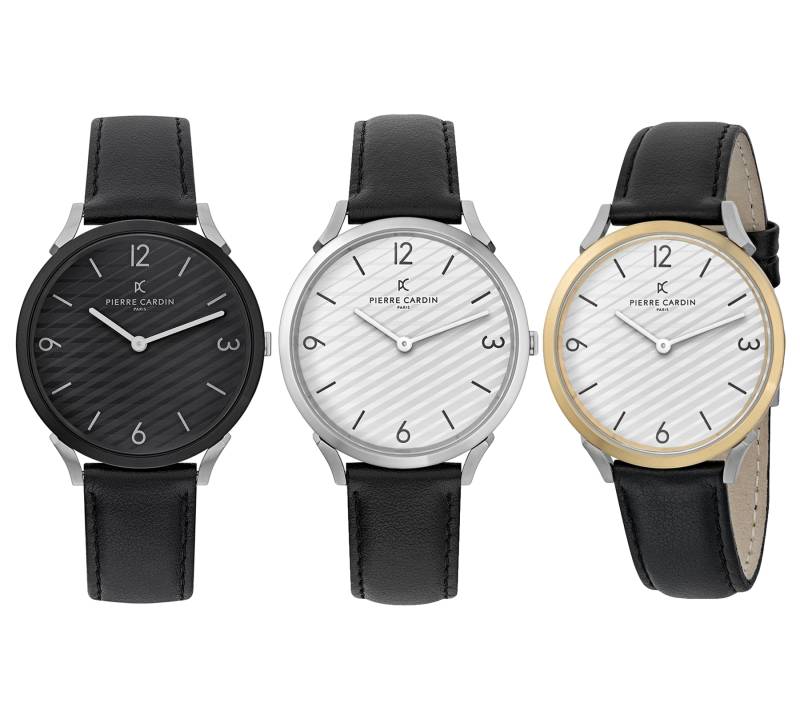 Pierre Cardin Herren Armband-Uhr in Geschenkbox analoge Quarz-Uhr mit Leder-Armband 3ATM 40mm oder 39mm Silber/Gold, Schwarz oder Silber/Schwarz von Pierre Cardin
