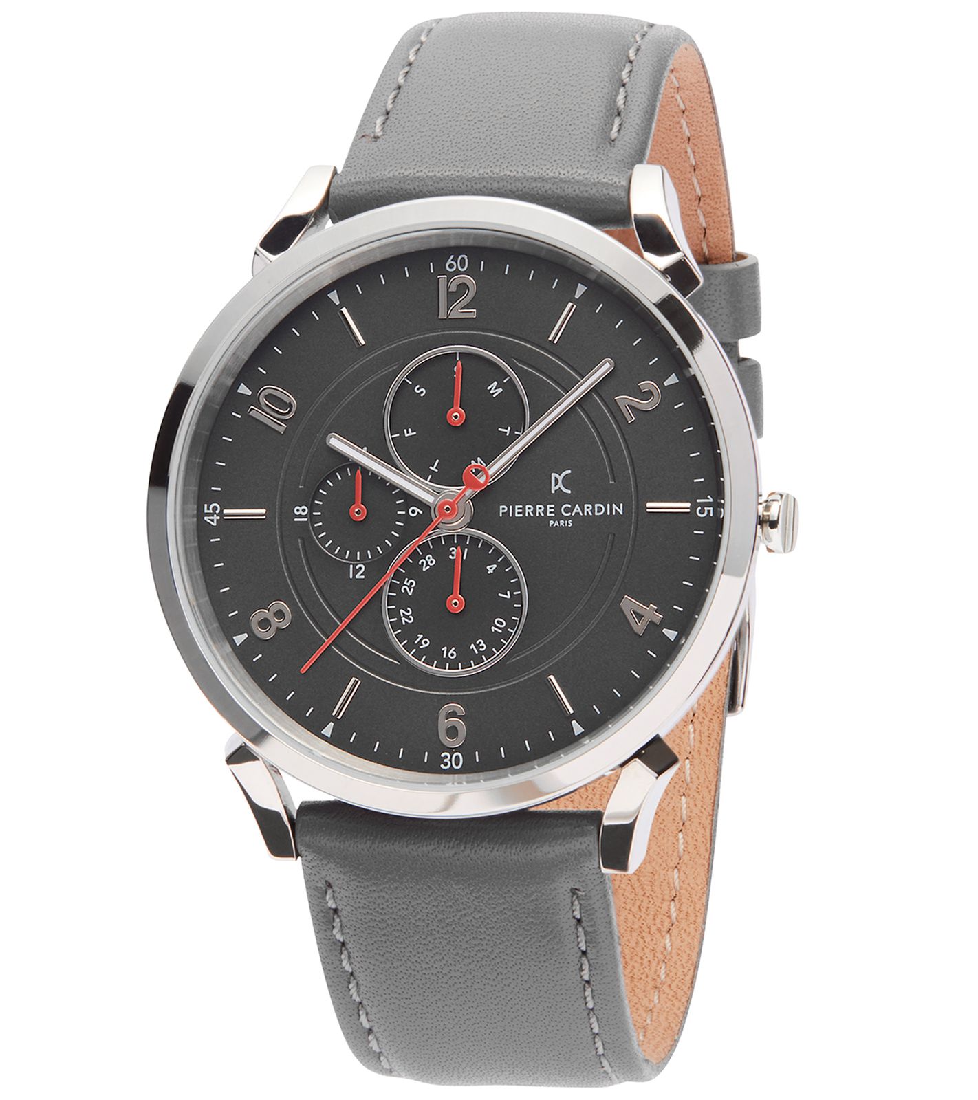 Pierre Cardin Herren Armband-Uhr mit Multi-Ziffernblatt analoge Quarz-Uhr mit Leder-Armband 3ATM 44mm CPI.2025 Grau/Silber von Pierre Cardin
